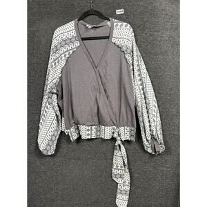 Umgee Charcoal Surplice Printed Tie Waist Shirt Blouse Womens Size 1XL *READ